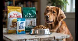 A selection of the best dog food in India, featuring top brands like Royal Canin and Pedigree next to a bowl of kibble.