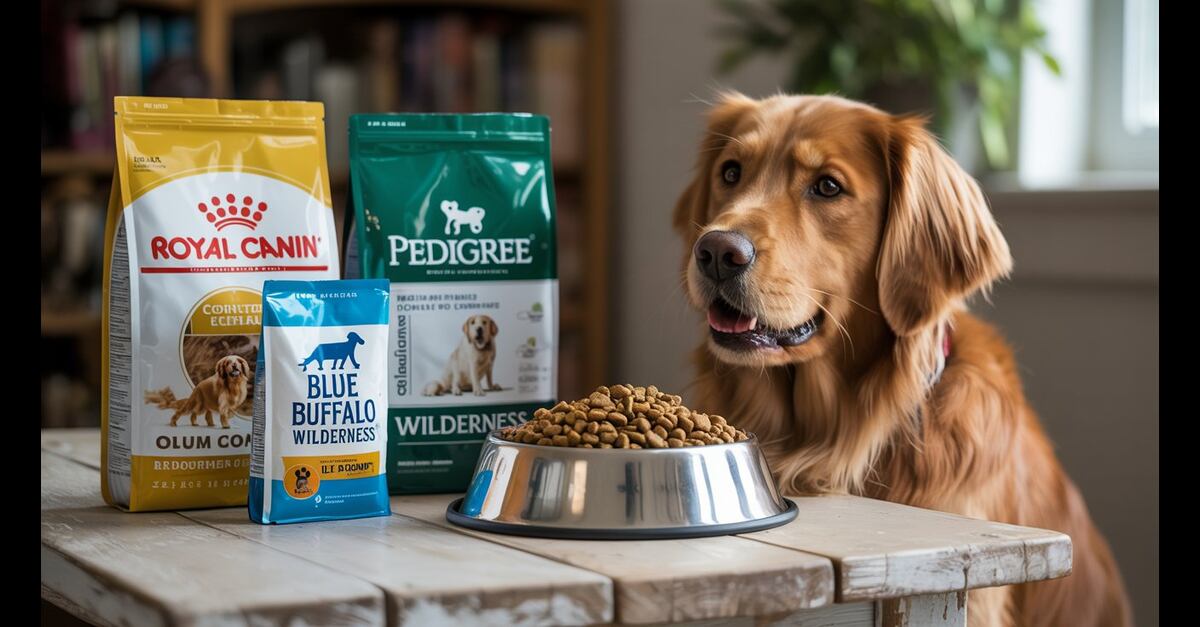 A selection of the best dog food in India, featuring top brands like Royal Canin and Pedigree next to a bowl of kibble.