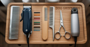 A complete set of the best dog grooming kits laid out on a wooden table, including clippers, brushes, and scissors.