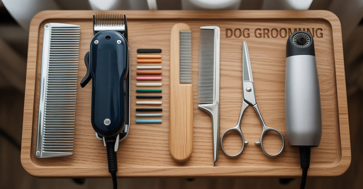 A complete set of the best dog grooming kits laid out on a wooden table, including clippers, brushes, and scissors.