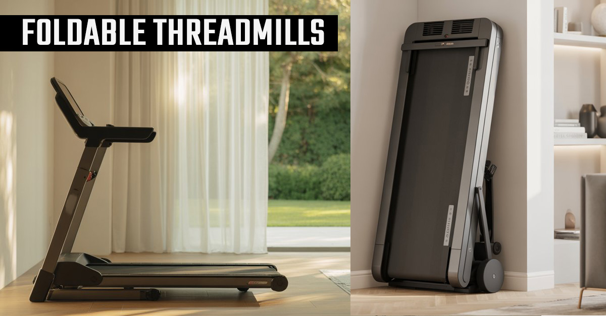 A sleek, black machine, one of the best foldable treadmill for home options, stored vertically in the corner of a modern living room.