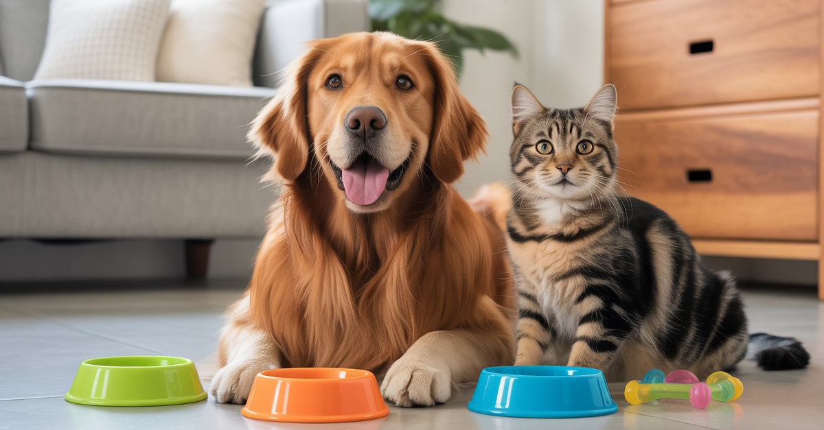 A happy dog and cat sitting together with some of the best pet supplies like toys and food bowls.