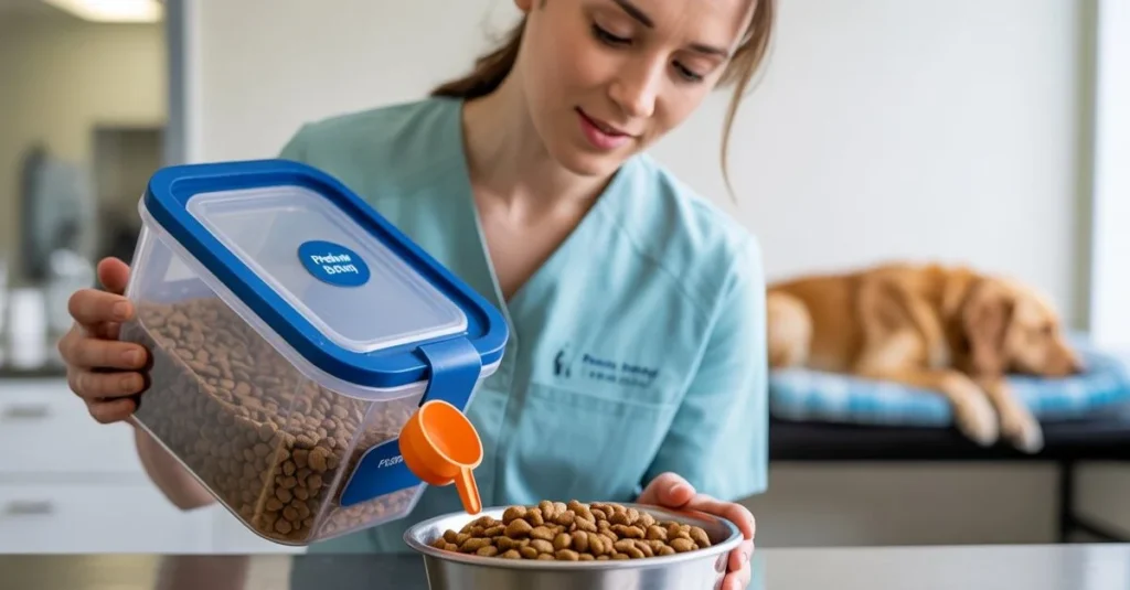A veterinarian scoops kibble, illustrating the importance of proper portion control when serving the best dog food in India