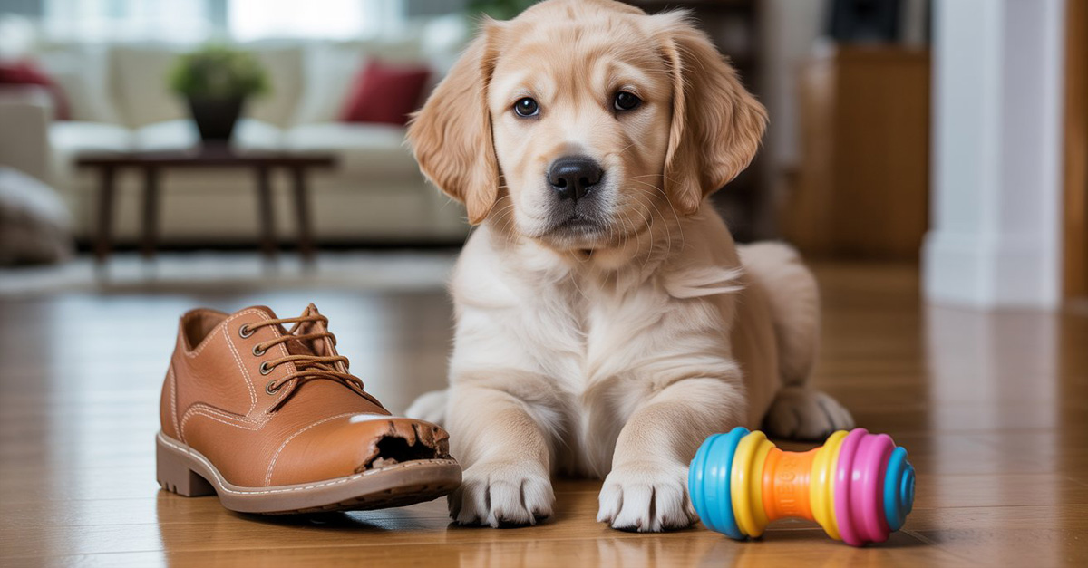 A guilty-looking puppy sitting next to a chewed shoe, illustrating how to stop a dog from chewing everything by providing proper chew toys.