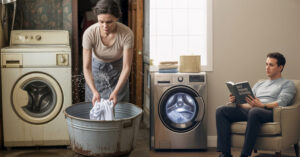 A split-screen comparison showing the manual effort of a semi-automatic vs fully automatic washing machine's convenience.