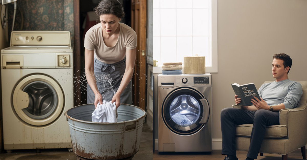 A split-screen comparison showing the manual effort of a semi-automatic vs fully automatic washing machine's convenience.