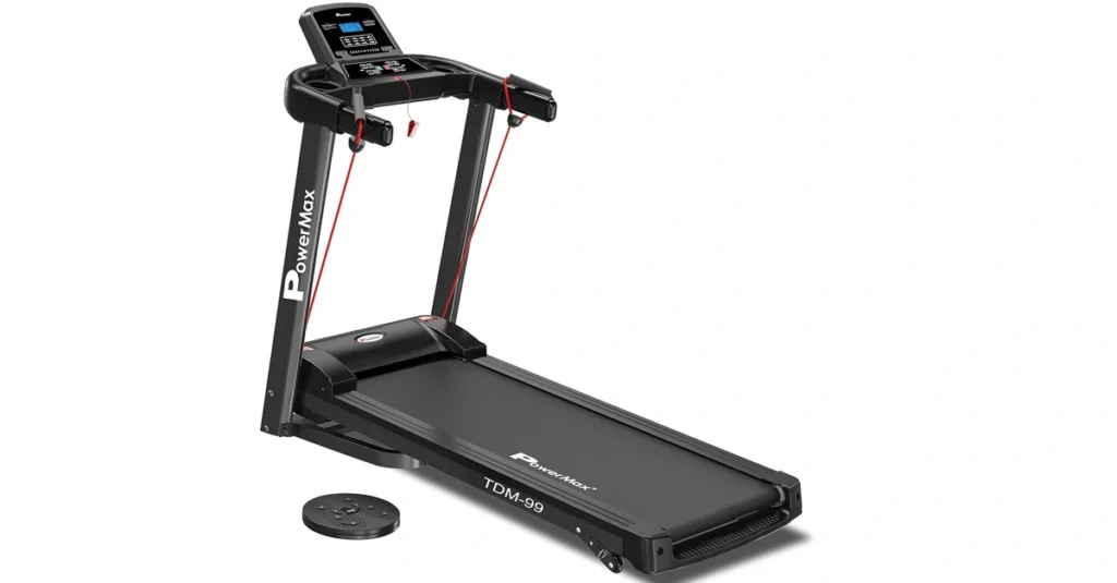 The PowerMax Fitness TDM-99, a multifunction foldable treadmill for home with its included twister for a complete workout.