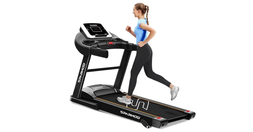 The Sparnod Fitness STH-1200 shown folded completely flat, a space-saving walking pad and under-desk foldable treadmill.
