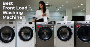 A sleek, stackable model, one of the best front load washing machines in India, shown in a modern laundry room.
