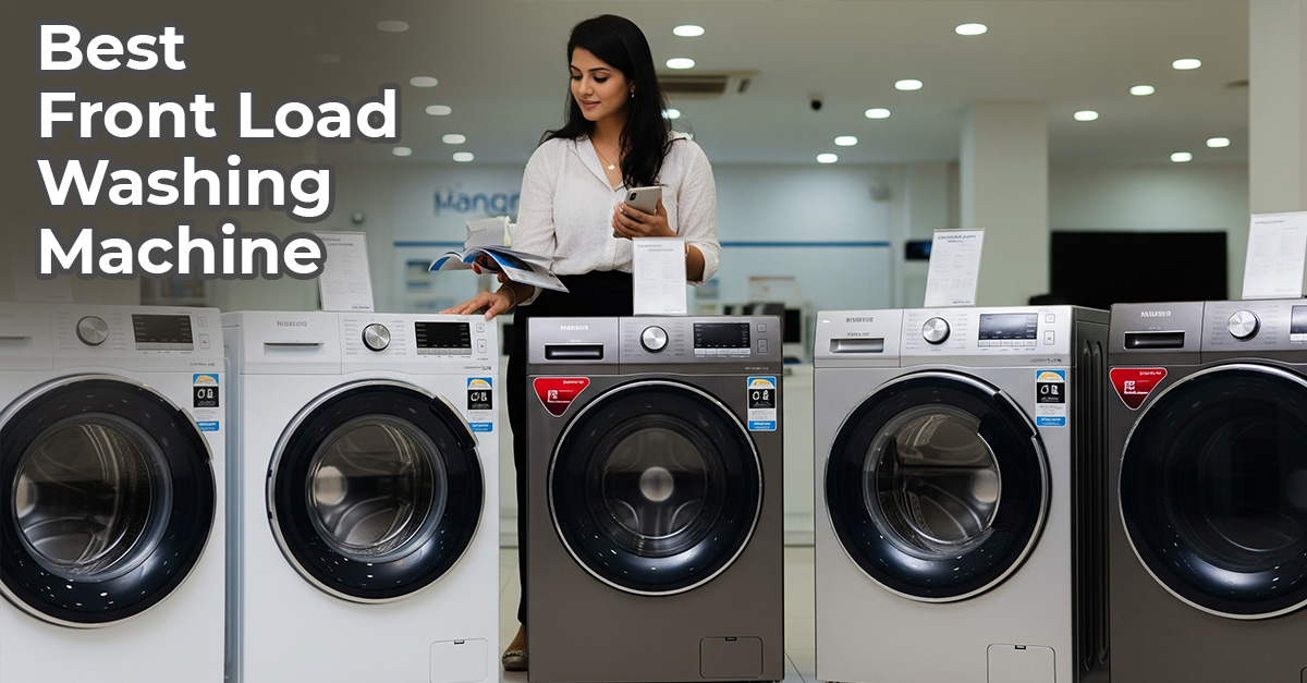 A sleek, stackable model, one of the best front load washing machines in India, shown in a modern laundry room.