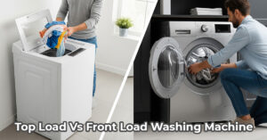 A split-screen image comparing a top load vs front load washing machine, showing the different loading styles