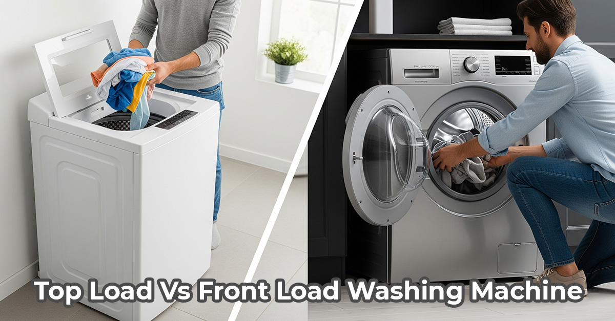 A split-screen image comparing a top load vs front load washing machine, showing the different loading styles