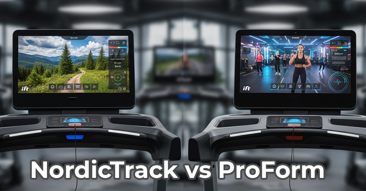 A split-screen comparison of a NordicTrack vs ProForm treadmill, highlighting the key differences between these two premium home fitness brands.