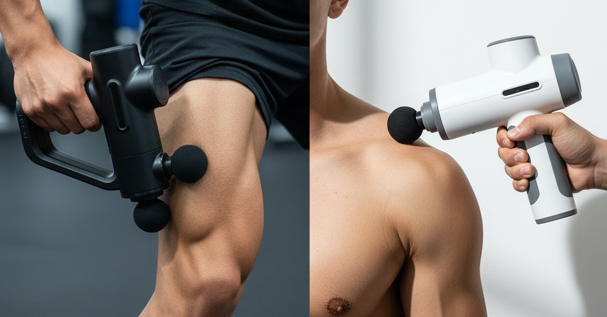 A split-screen comparison of a Theragun vs a Hypervolt, two of the best massage gun options for muscle recovery.
