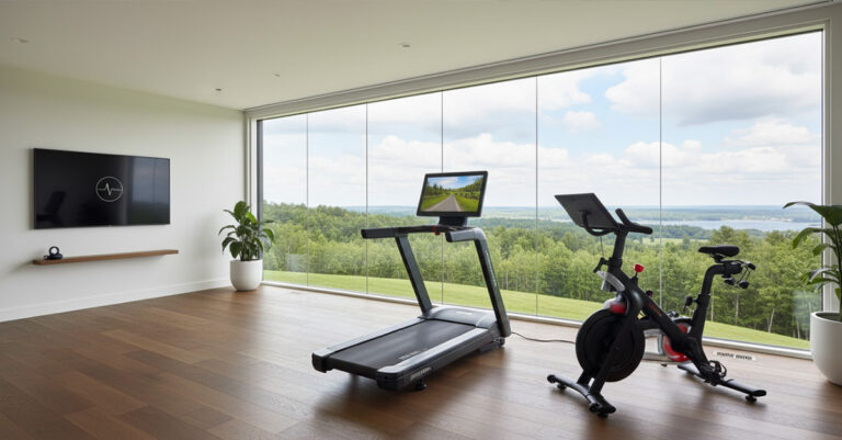 A beautifully designed luxury home gym featuring a premium treadmill and a wall-mounted smart strength training system.
