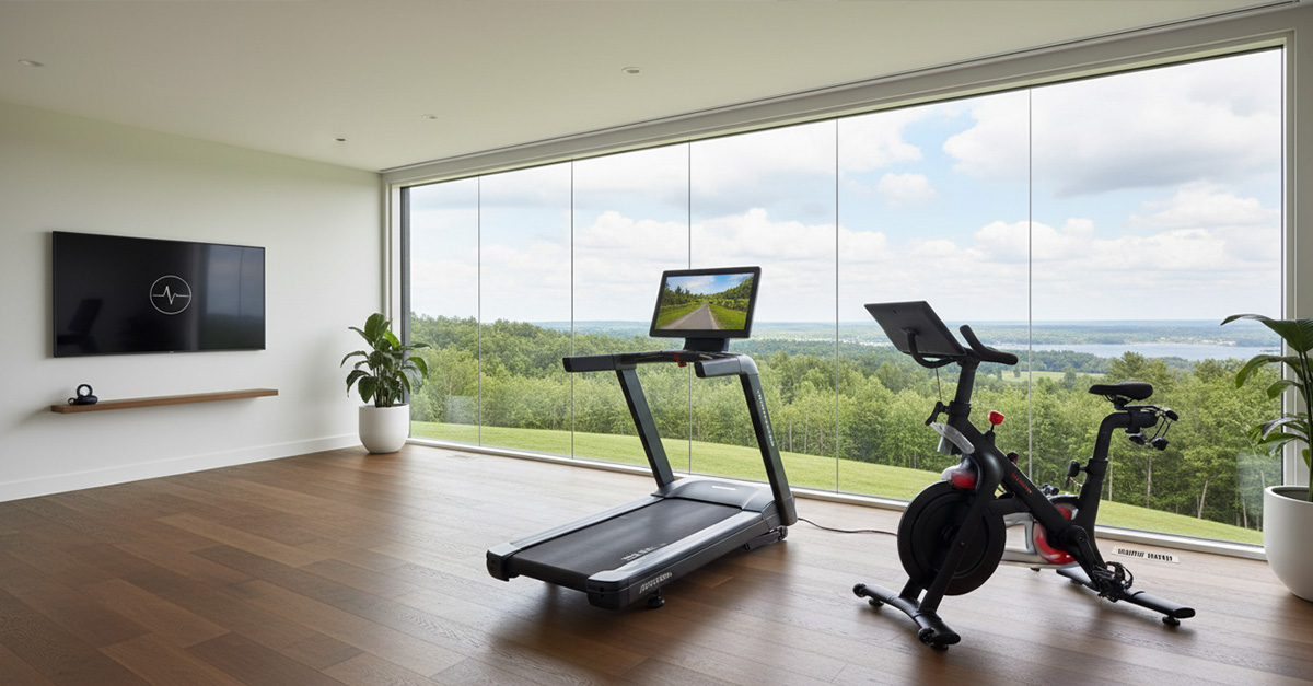 A beautifully designed luxury home gym featuring a premium treadmill and a wall-mounted smart strength training system.