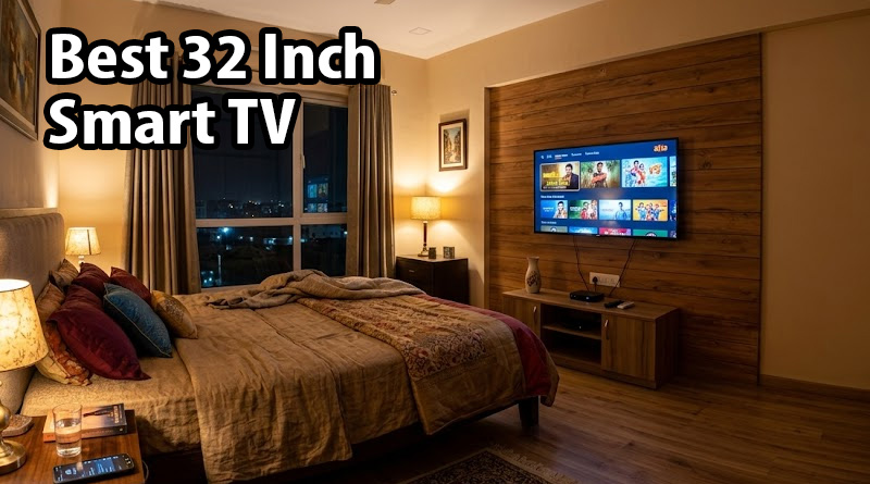 Compact 32 inch HD smart TV mounted in a small apartment bedroom for best 32 inch smart tv under 15000 in india