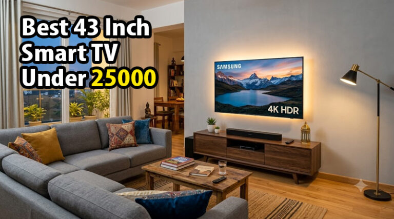 Slim bezel-less 43 inch 4K smart TV wall mounted in a modern living room for best 43 inch smart tv under 25000 in india