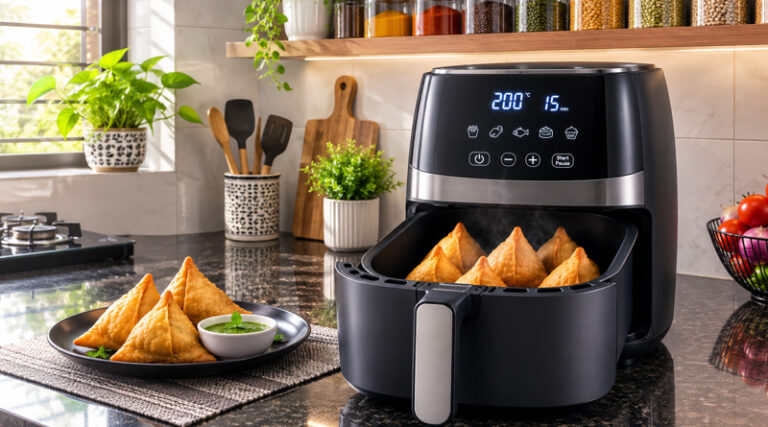 Modern digital air fryer preparing oil-free Indian snacks on a modular kitchen counter for best air fryer for home use in india