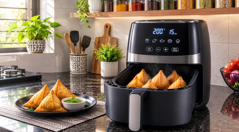 Modern digital air fryer preparing oil-free Indian snacks on a modular kitchen counter for best air fryer for home use in india