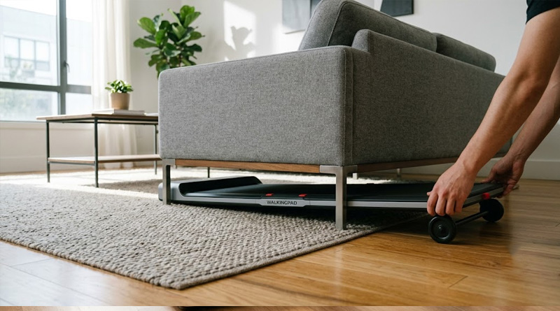 Thin walking pad stored under a sofa for best walking pads for small apartments in india