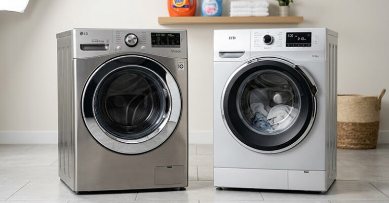 Side by side comparison of lg vs ifb front load washing machine doors and control panels