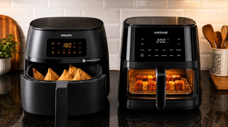 Side by side comparison of philips vs nutricook air fryer baskets and digital consoles