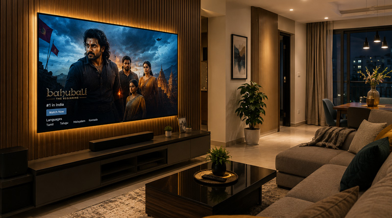 Bezel-less 4K Smart TV mounted in a modern living room for a smart tv buying guide india