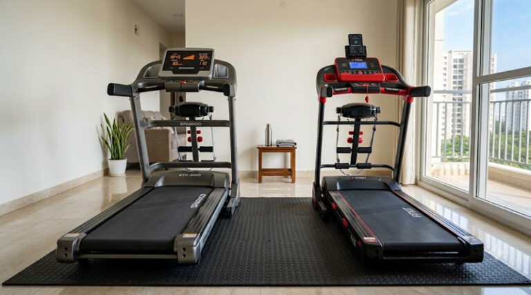 Side by side comparison of sparnod vs fitkit treadmill control panels and running decks