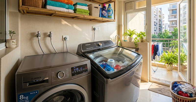 Modern front load and top load appliances in a home laundry room for a washing machine buying guide india