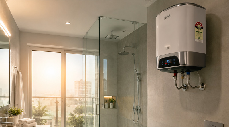 Modern 5-star storage water heater in a contemporary bathroom for a water heater buying guide india