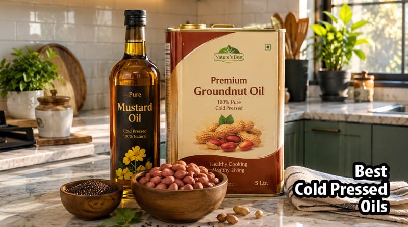 Glass bottles and tin cans of the best cold pressed oil for cooking in india