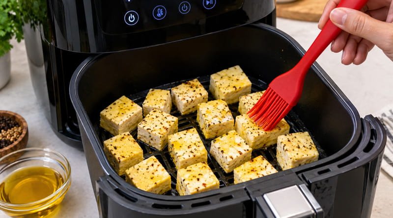 Using a silicone brush to glaze food with cold pressed oil before air frying