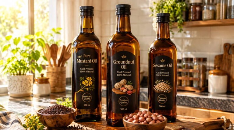 Various glass bottles of pure cold pressed oil on a rustic wooden kitchen table