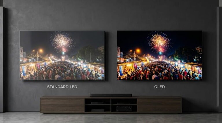 Side-by-side color saturation comparison of qled vs led smart tv panels