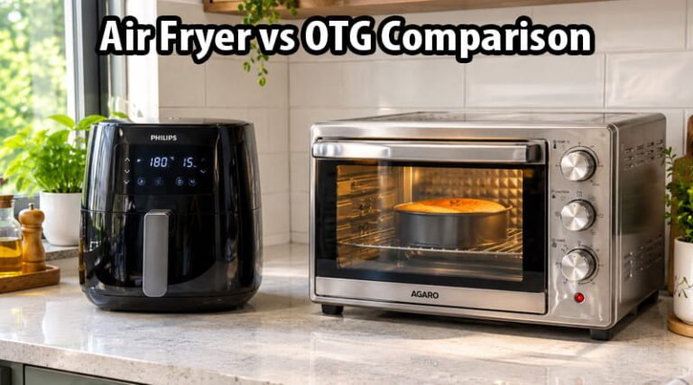 Side by side comparison of a digital air fryer and a glass door OTG oven for an air fryer vs otg guide