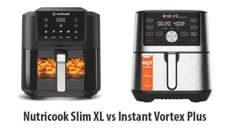 Side by side comparison of the nutricook slim xl vs instant vortex plus air fryers in an Indian kitchen