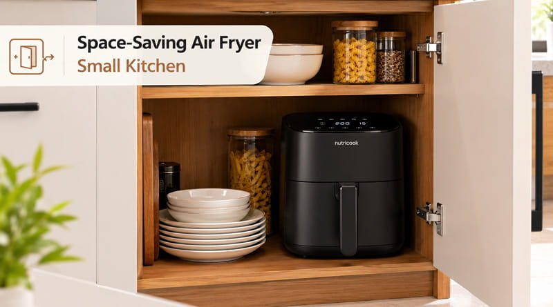 A space saving air fryer for small kitchen stored easily in an apartment cabinet
